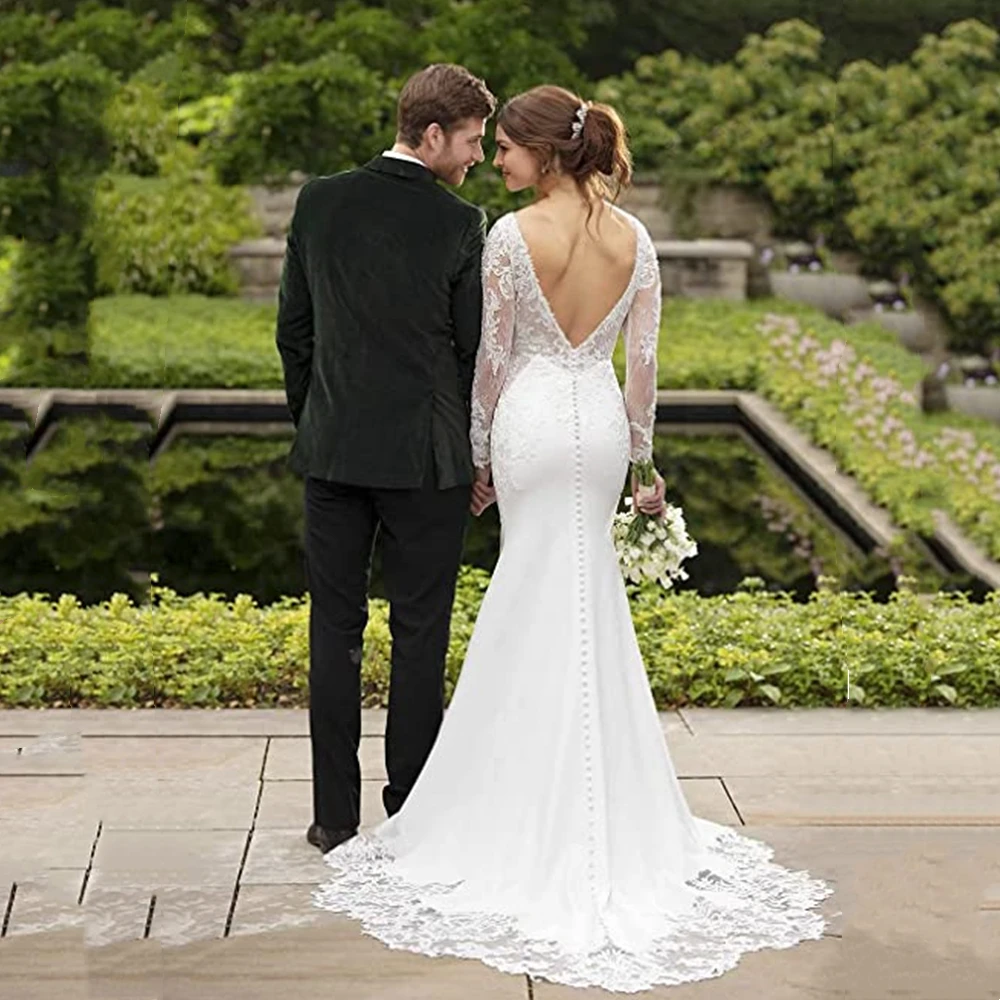 Vestido De Novia De sirena De manga larga, elegante, con Espalda descubierta, Apliques De encaje, romántico