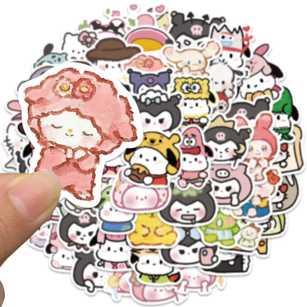 56pcs Sanrio Hand-painted Mini Kitty Kuromi Cinnamoroll Cute Stickers Cartoon Diary Notebook Decoration Pink Girl Gift Stickers