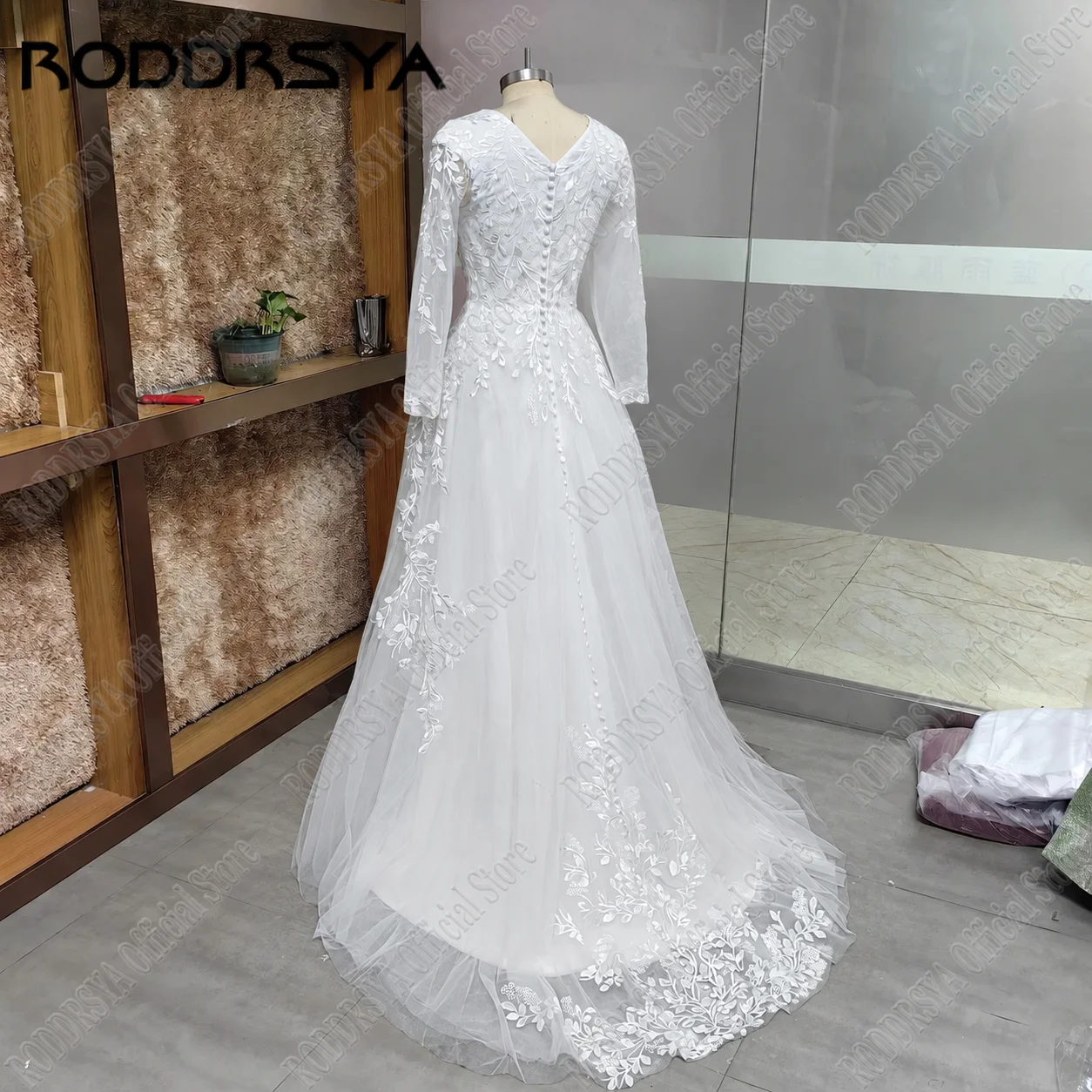 Roddrsya muslimische volle Ärmel Hochzeits kleid Applikation Spitze V-Ausschnitt Zivil Brautkleider Sweep Zug Vestido de Novia angepasstRODDRSYA Muslim Full Sleeve Brautkleid Applique Spitze V-Ausschnitt Zivil Brautkle – Detail 13