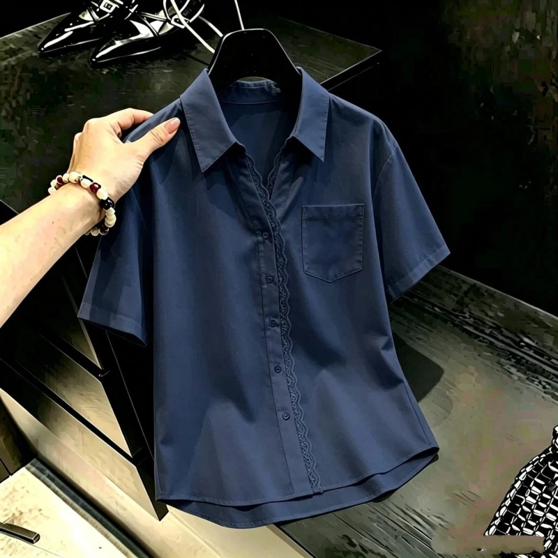 Office Lady Lace Patchwork Pocket Patchwork Short Sleeve Shirt Tops Summer Polo Neck Elegant Blouse Fashion Trend Women Clothing