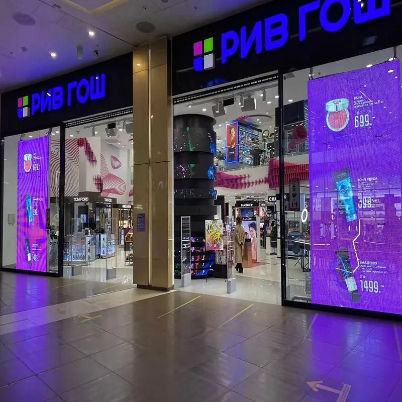Outdoor Indoor P3.91-P7.8 Led Glass Window Cabinet 500x1000mm Transparent Film Panels Strip Grid Led Screen Display