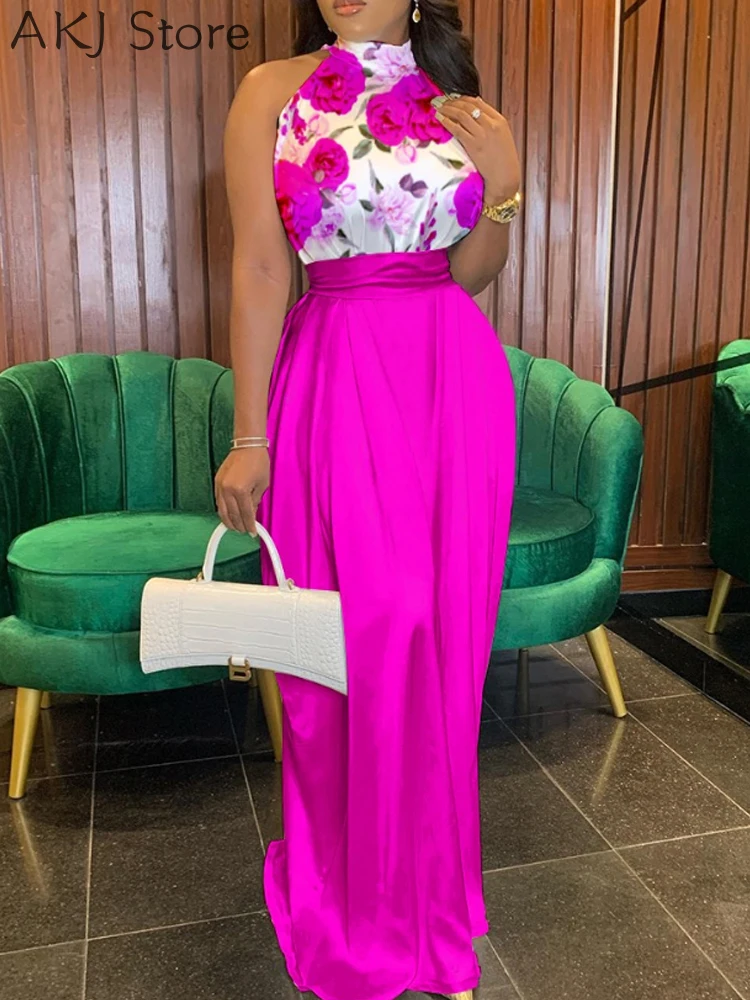 

Women Floral Print Wide Leg Sleeveless Satin Jumpsuit
