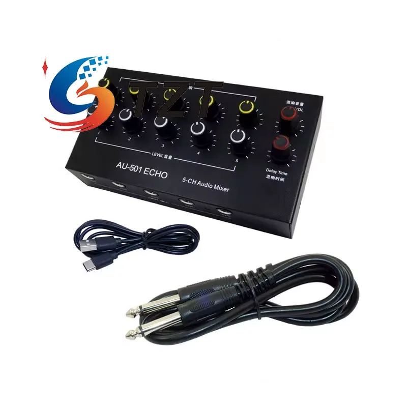 TZT AU-501 Audio Mixer Microphone Instrument 5-IN 1-OUT Audio Expansion with Reverb Function