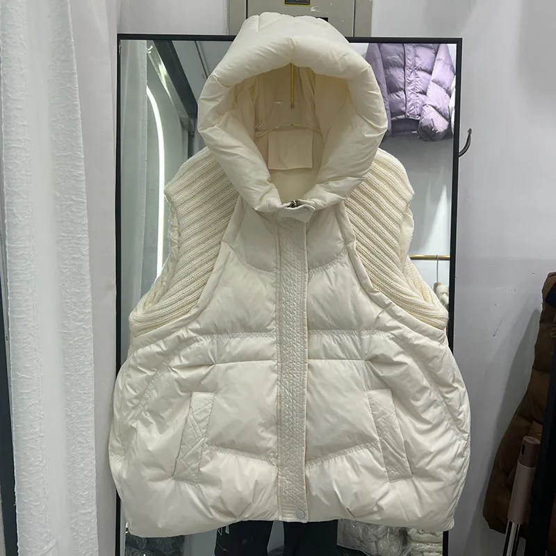 ผู้หญิงเสื้อกั๊ก 2025 ใหม่ฤดูใบไม้ร่วงฤดูหนาว WARM Hooded เป็ดสีขาวลงสีทึบถักผู้หญิงลงเสื้อแจ็คเก็ตผู้หญิงลงเสื้อกั๊ก H481