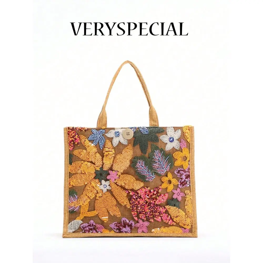 

Multicolor Sequin Mesh Patchwork Tote Bag, Fashionable Floral Leaf Embroidered Linen Handbag For Women, Large Capacity Square C