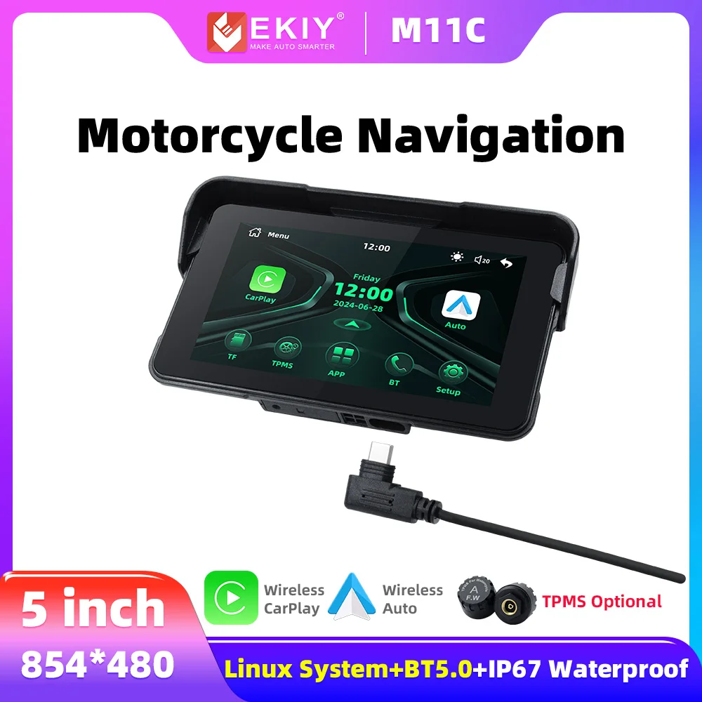 EKIY 5 Inch Wireless CarPlay Android Auto Mirror link Motorcycle  Screen Motorbike GPS Navigation Support TPMS Waterproof IP67