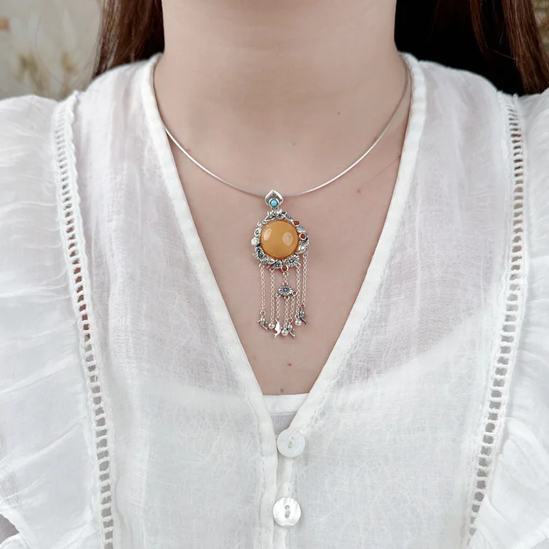 Langyan 925 Sterling Silver Fish Lotus Tassel Pendants Jewelry Retro Ethnic Ancient Style Amber Choker Chain Pendant for Women