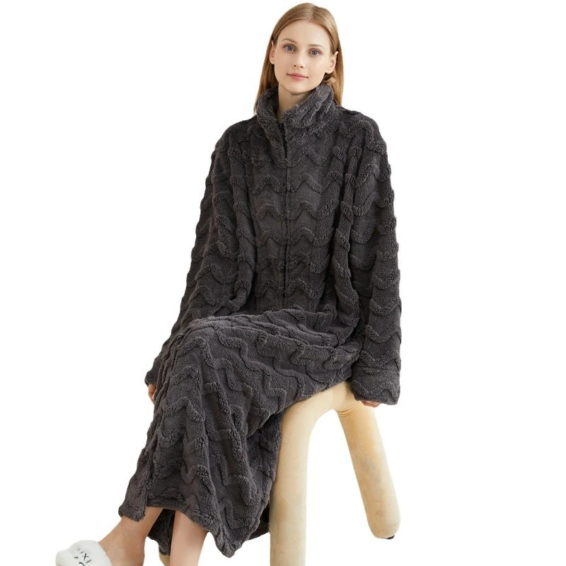 Winter New Long Nightdress High Neck Zipper Nightgown Thicken Coral Fleece Bathrobe Yukata Gown Female Robe Negligee Home Dress