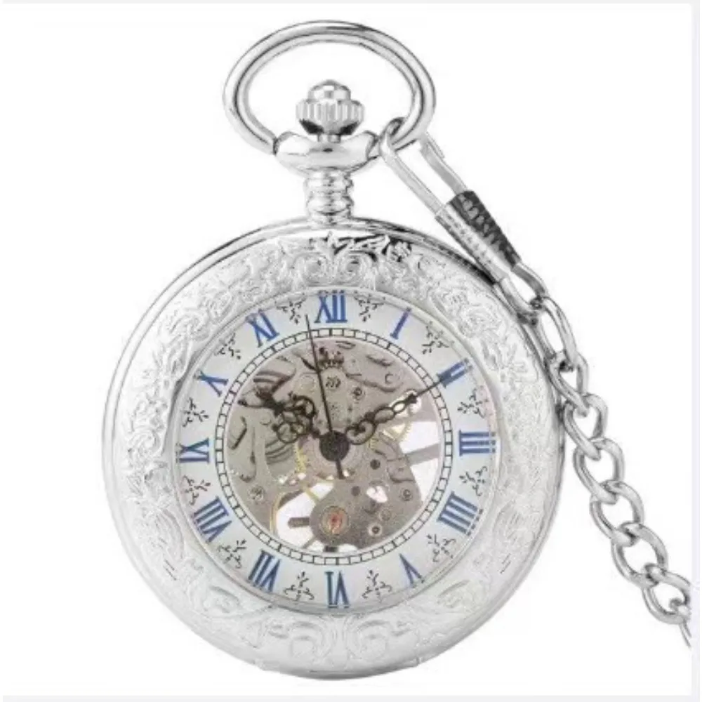 

Transparent Flap Silver Men's Mechanical Pocket Watch Simple Roman Numerals Classic Mechanical Watch