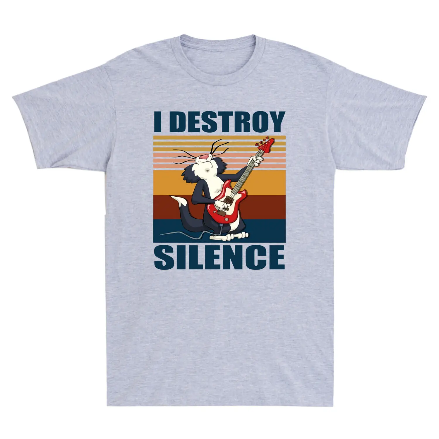 

I Destroy Silence Funny Cat Playing Guitar Men's T-Shirt Cotton Sport Grey Tee