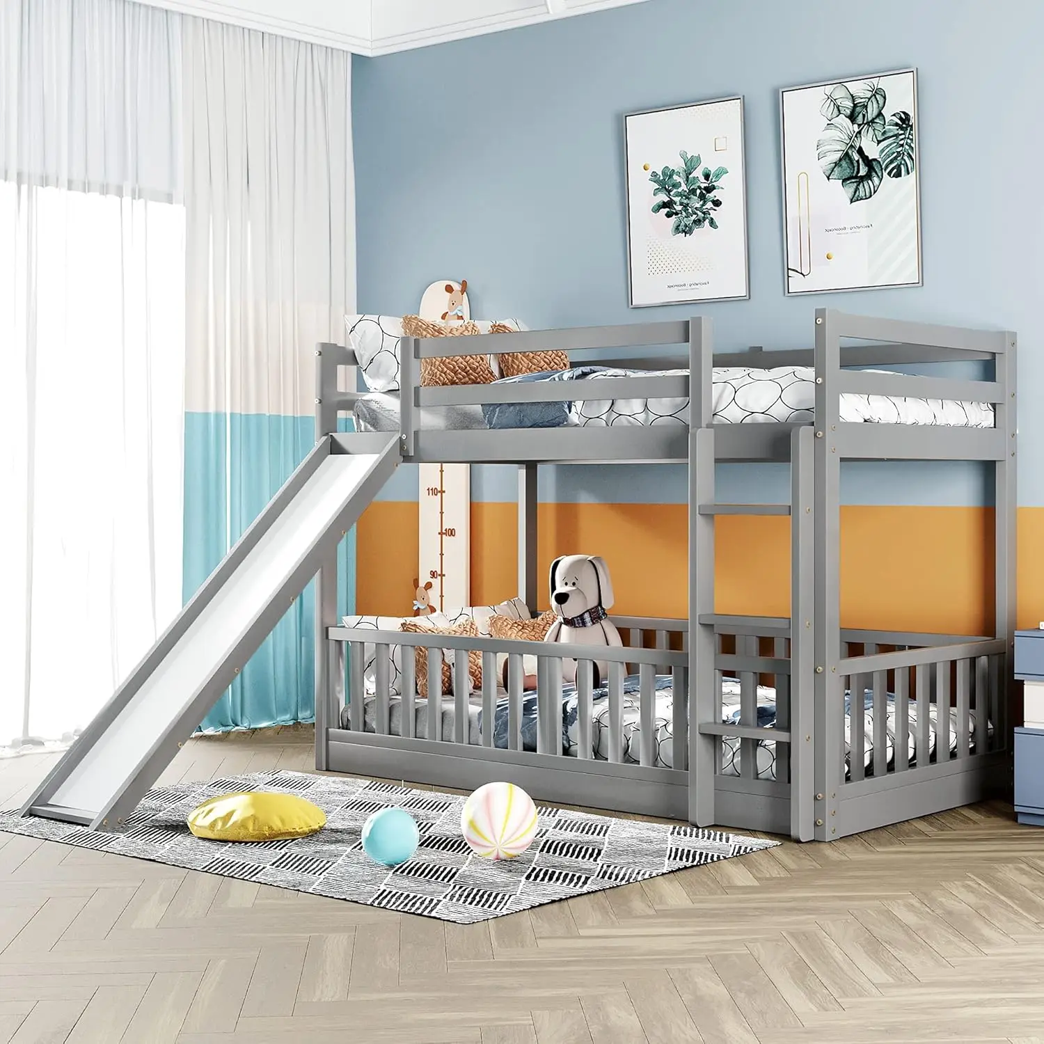 

Bright Designs Twin Over Twin Low Bunk Bed with Slide, Kids Floor Bunk Bed with Ladder and Guardrail, Wood Bunk Bed Frame