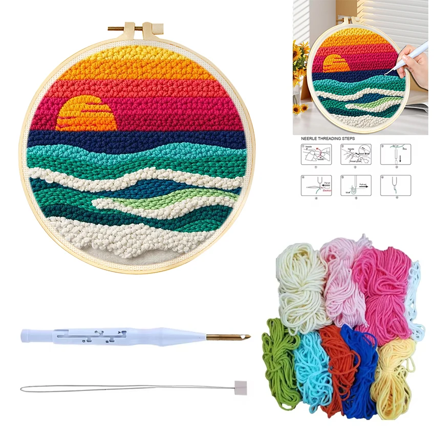 CHENISTORY Diy Punch Needle Embroidery Kits For Beginner Beach Landscape Poking Embroidery Yarn Painting Arts Home Decor Gift