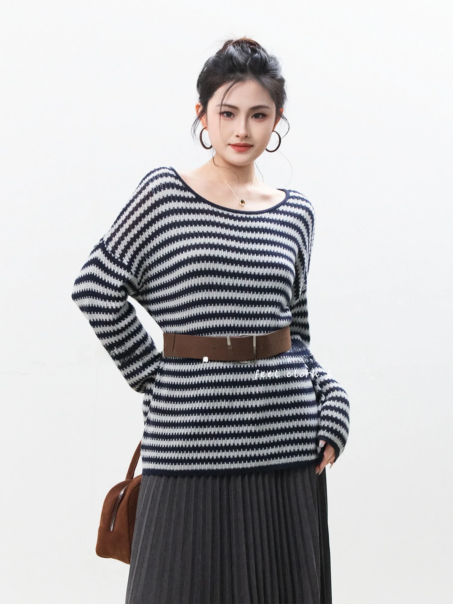 

Chelzy Striped Knitwear Set Women's Spring Autumn Loose Lazy Sle Skirt Two-Piece Set High Elastici Korean Sle Long Sve