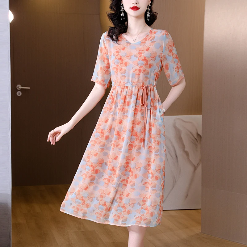 

Женское шелковое платье с V-образным вырезом, свободное летнее платье из шелка