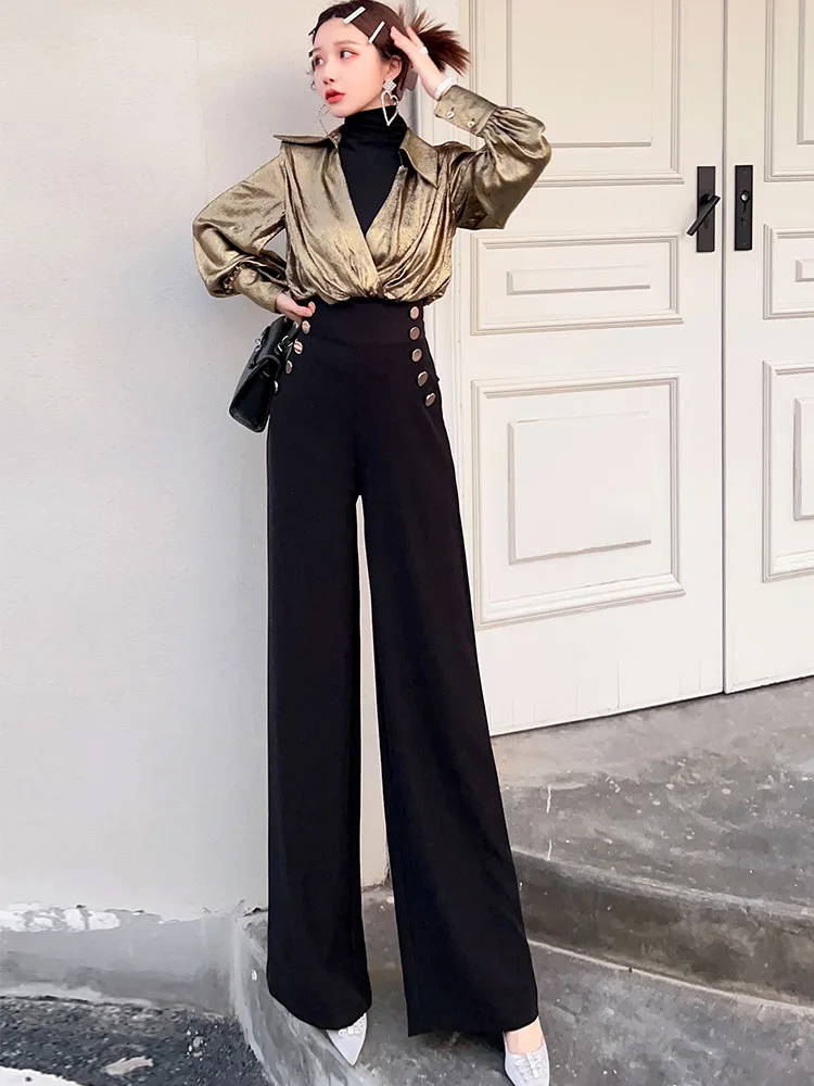 

Slimming Long Sve High Waist Wide Leg Pants Women's Two-Piece Set Unique Top Beautiful Bla plus Size Autumn Faion