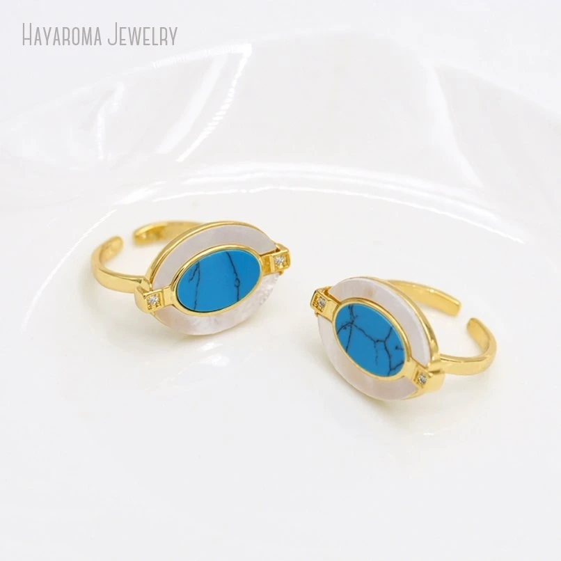 10Pcs Blue Gold Color Geometric Oval Copper Wholesale White Shell Metal Stone Synthetic Turquoises Ring RM50858