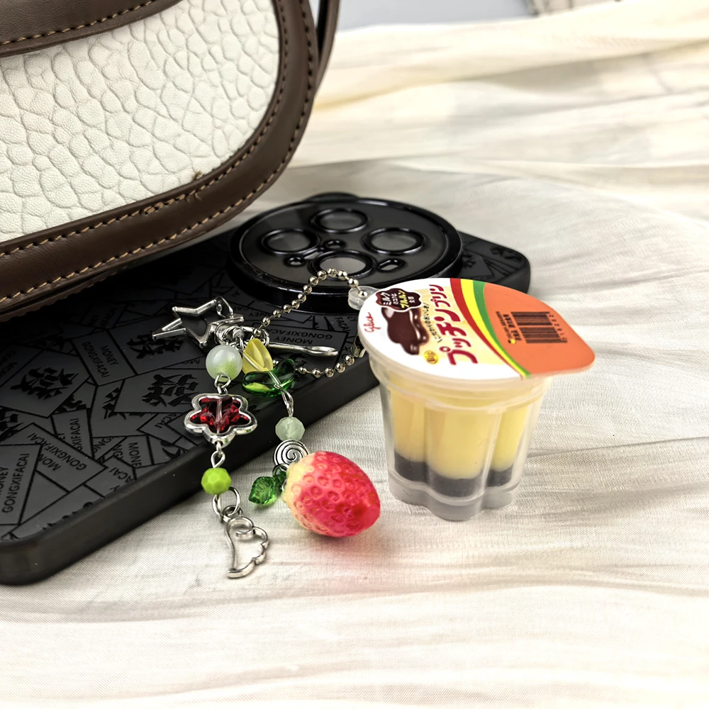 Japanese Pudding Keychain Pink Yellow Egg Flan Strewberry Bead Charm Key Pendant Y2K Heisei Retro Aesthetic Beaded Keychain image 6