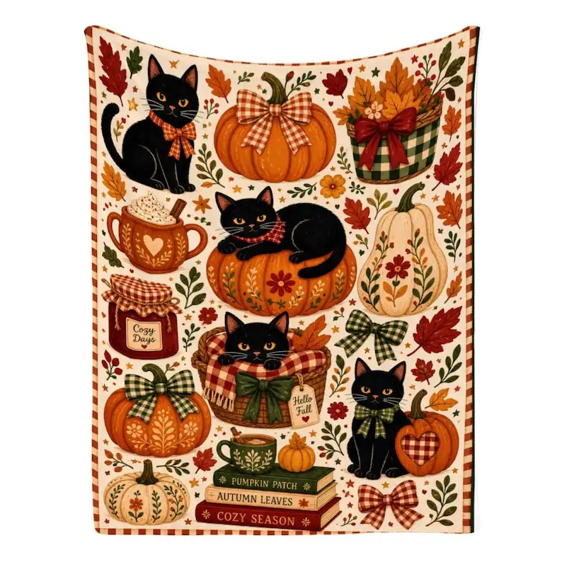 Blanket Fall design, pumpkin, black cat lover 300 GSM Flannel (Made in USA) 2