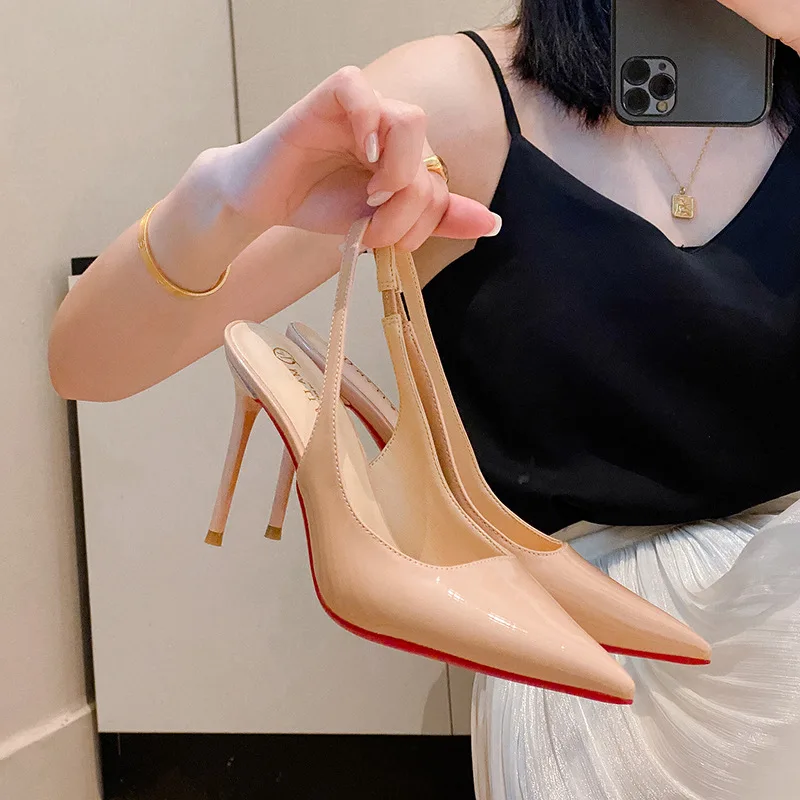 

Women High Heels Pointed Toe Black Sexy Patent Leather Sandals Strappy Non Slip Comfortable Shoes New Arrival