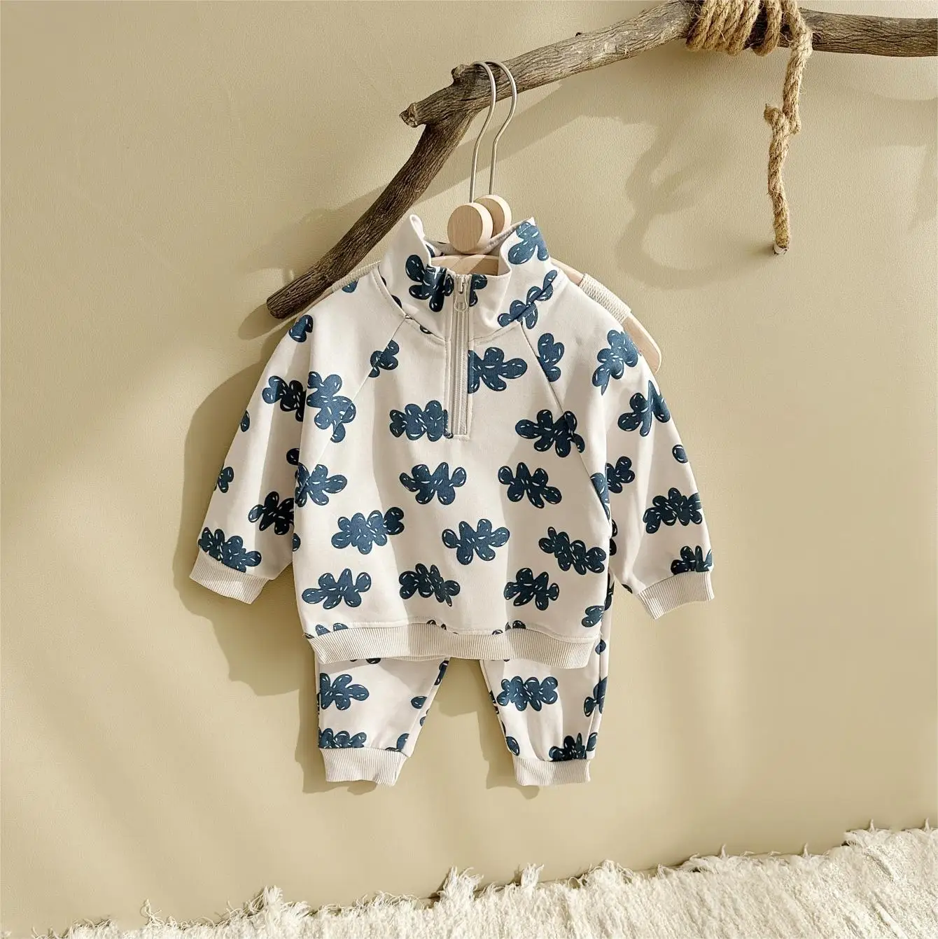 Spring Autumn Cute Set Baby Girls Fashion Cloud Print Zipper Pullover Tops + Cotton Sweatpants Boys Loose High Quality Tracksuit