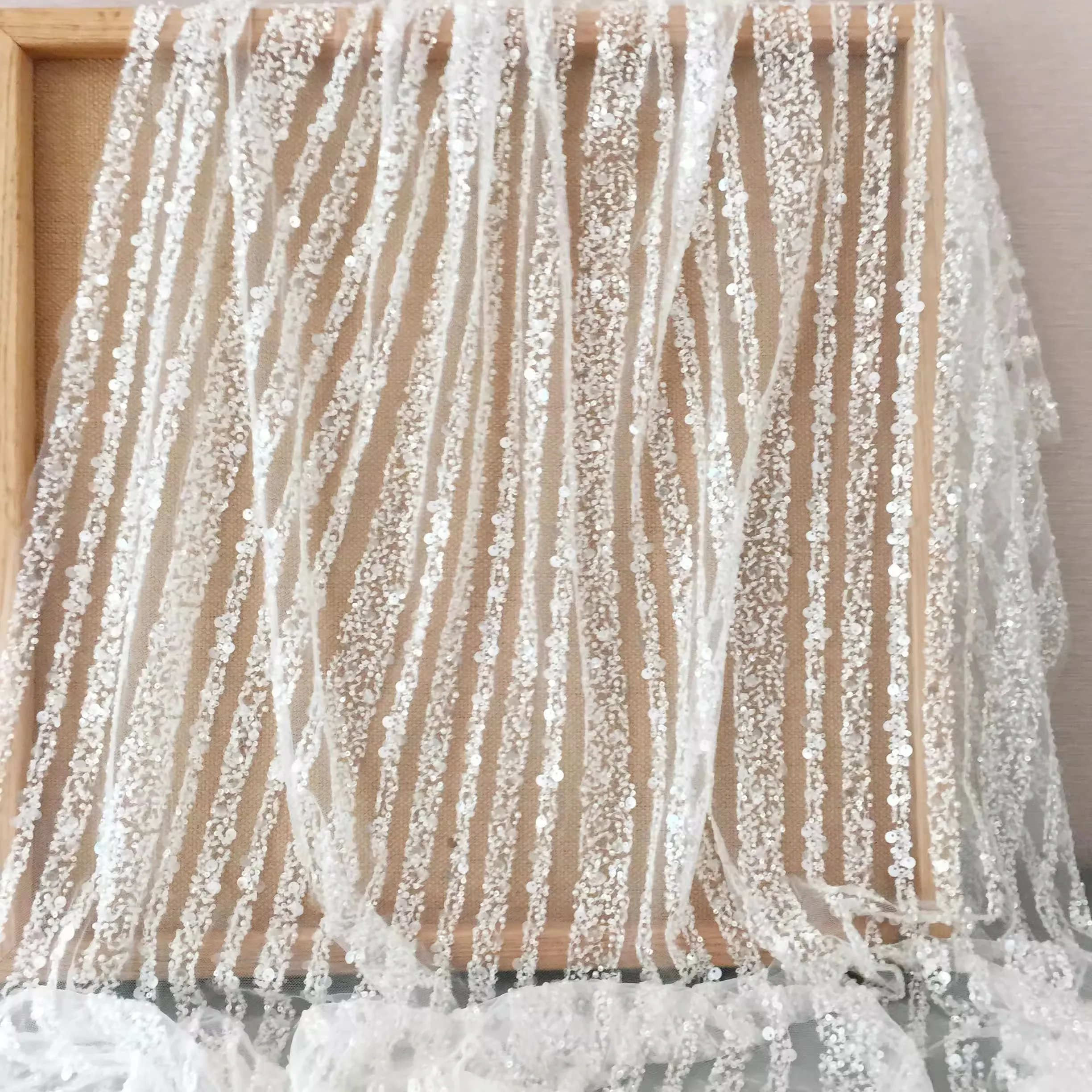 new vertical strip 3D nail bead sequins rice bead lace fabric high custom wedding dress vertical stripe fabric