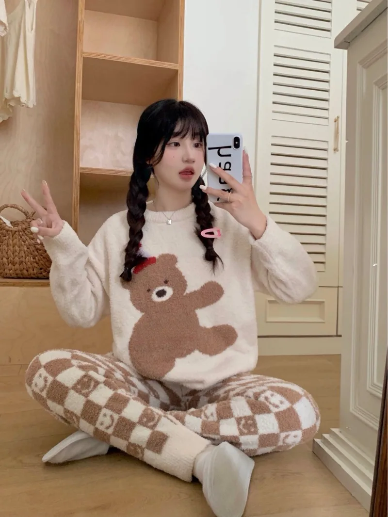 Soft Comfortable Plush Autumn Winter Pajamas Kawaii Bear Long Sleeve Trouser Homewear Casual Outdoor Sleepwear Women Suit