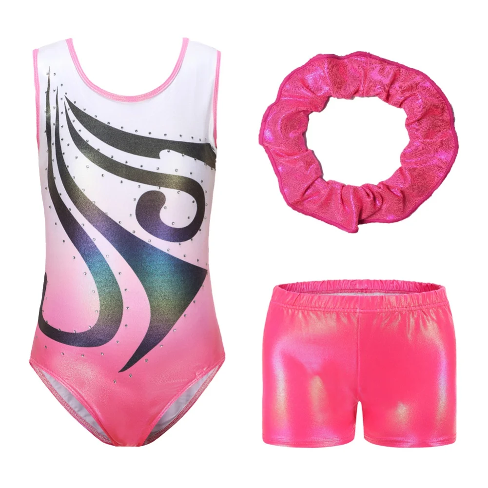 3PCS Ballet Dance Set Sport Leotard With Shorts And Headband Children Girls Gymnastic Suit Gradient Gilding Rhinestone Bodysuit