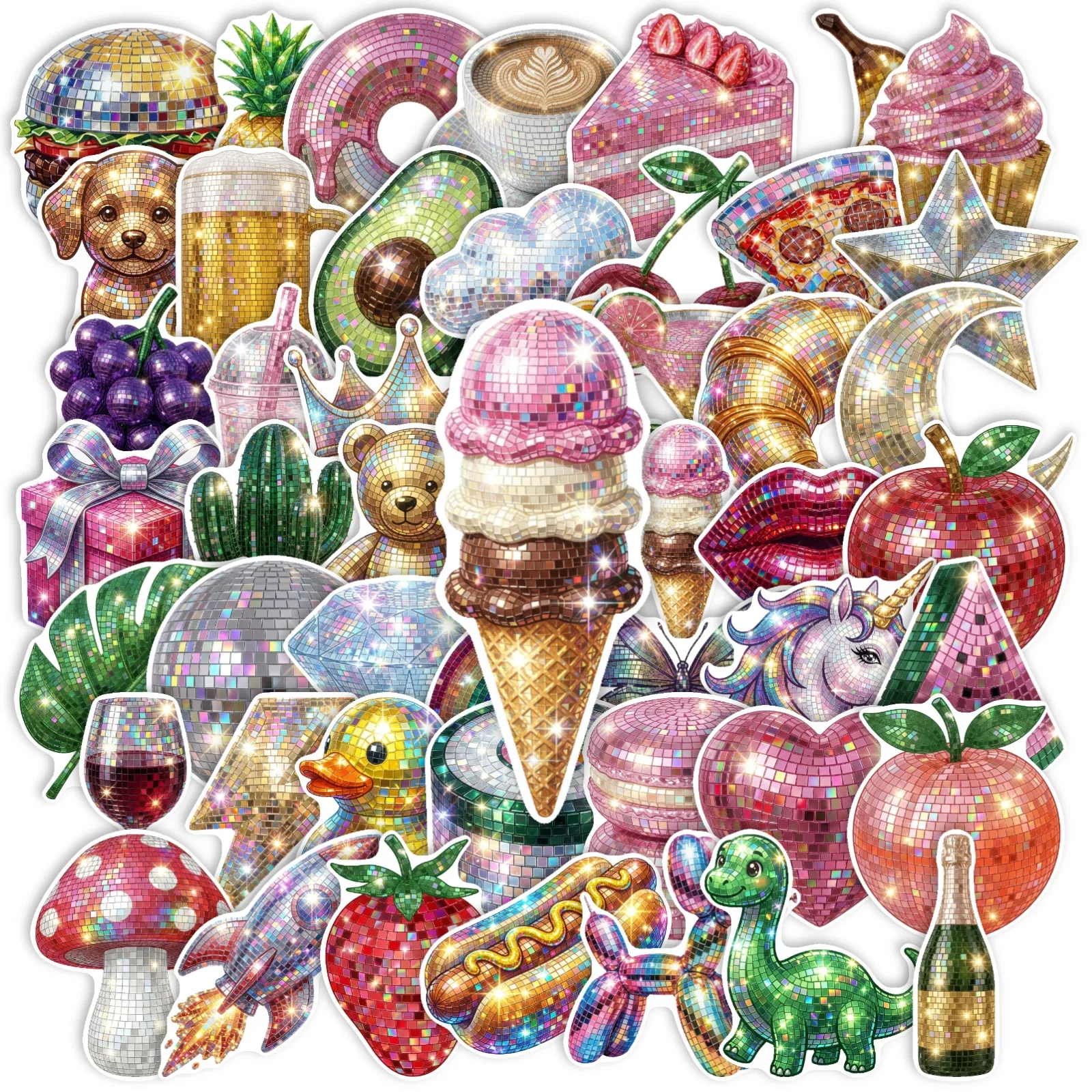 Y2K Disco Mirror Stickers Retro Fruit Animal Decals Scrapbook Journal Stationery Waterproof Bottle Laptop DIY Craft Decor Packs