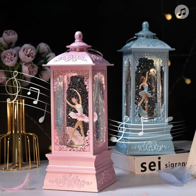 360 ° Rotating Feather Ballet Music Box Children's Birthday Gift Ballet Girl Beautiful Lights Kawaii Vintage Resin Music Box