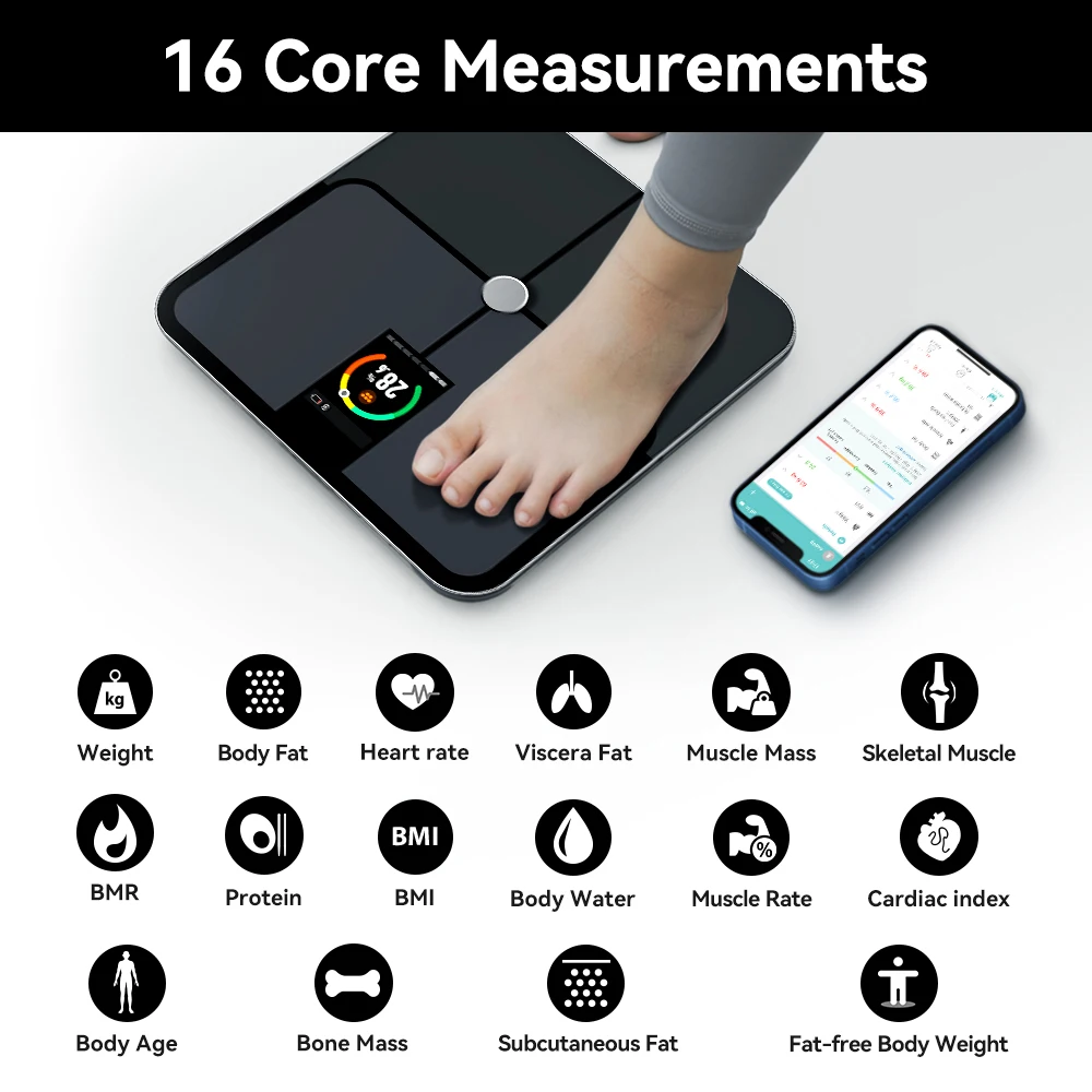 Digital Body Fat Scales, Human Body Scale, Smart TFT Color Screen, Heart Rate, Precise and Professional Smart Body Weight Scale