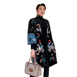 Fashion Mid length Cardigan Coat Women Phoenix Embroidery Vintage Chinese National Velvet Overcoat Cotton Jacket Embroidered