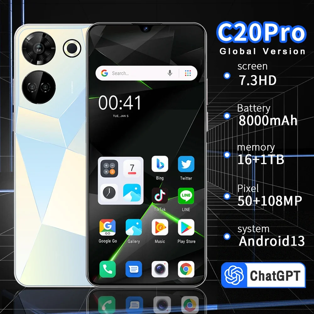 

New C20 Pro Global Gaming Phone 6.8'' HD+ Android 13 16GB+1TB 8000mAh Face unlock Fingerprint unlocking Edition 5G mobile phones