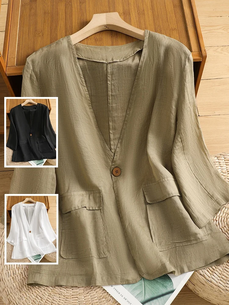 

Sun Protection Pure Color Linen One Button Thin Suit Large Size Women's Faion ket Seven Sve Flip Collar Summer Outerwear