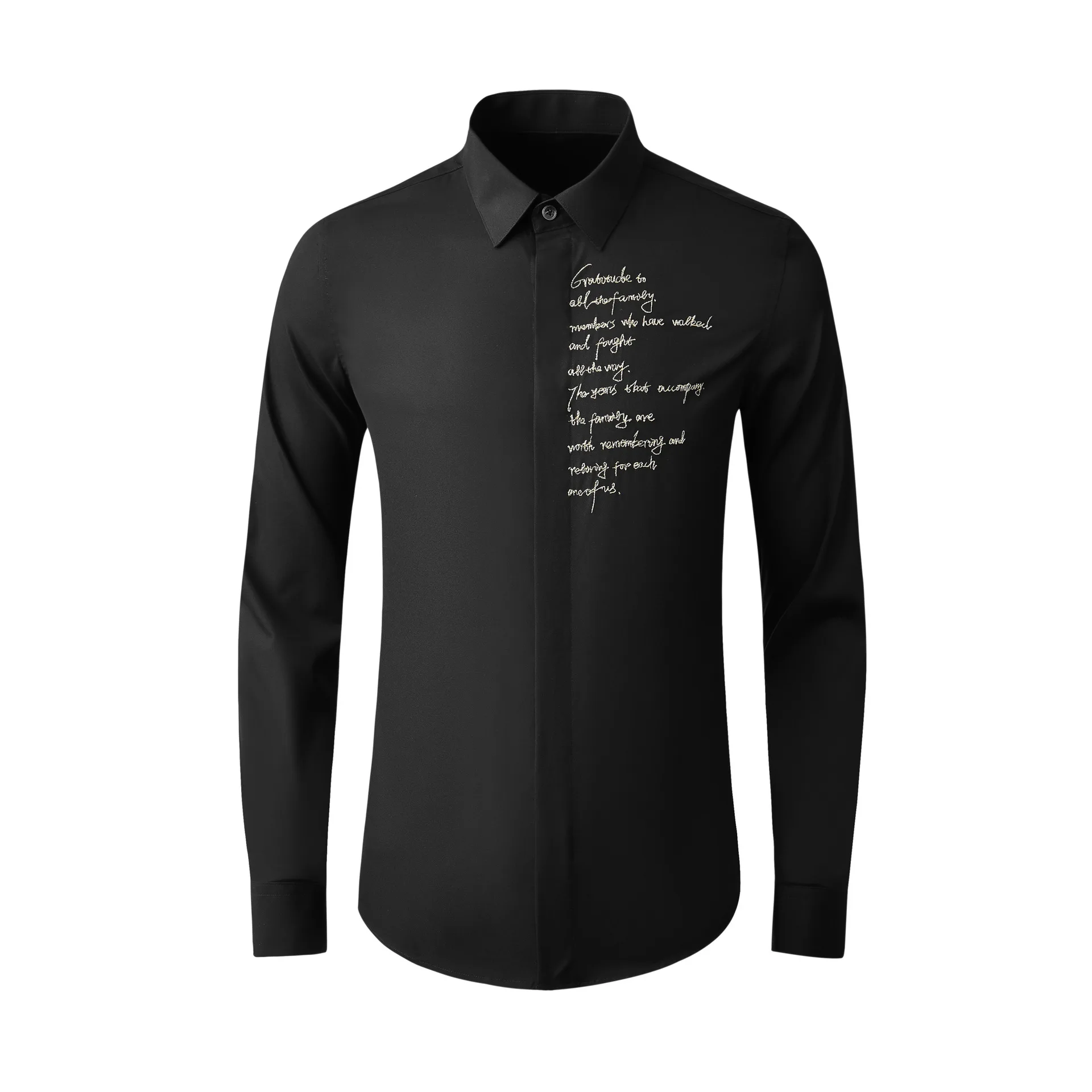 

Men's long sleeved front panel with English embroidery, slim fit, cotton spinning, simple top, one piece hair replacement
