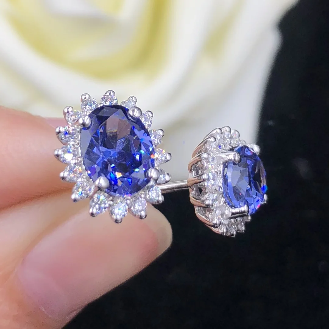 

AU585 (3Ct Total)1.5Ct each Oval Cut Blue Lab Grown Sapphire Stud Earrings White Gold Stud Earring 14K Jewelry E043