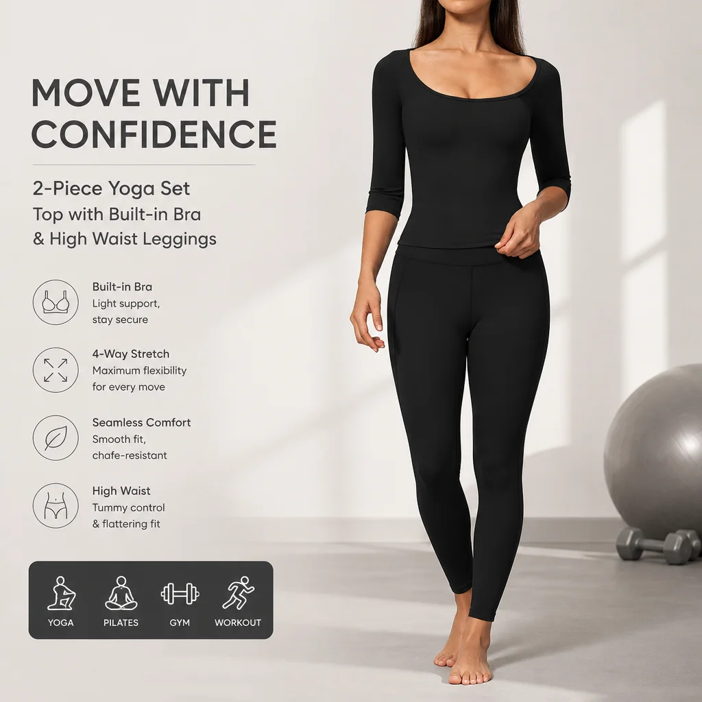 Women's Wide Neck 3/4 Sleeve Top and High Waist Seamless Leggings Set Slim Fit 2-Piece Yoga Workout Outfit with Built-in Bra for