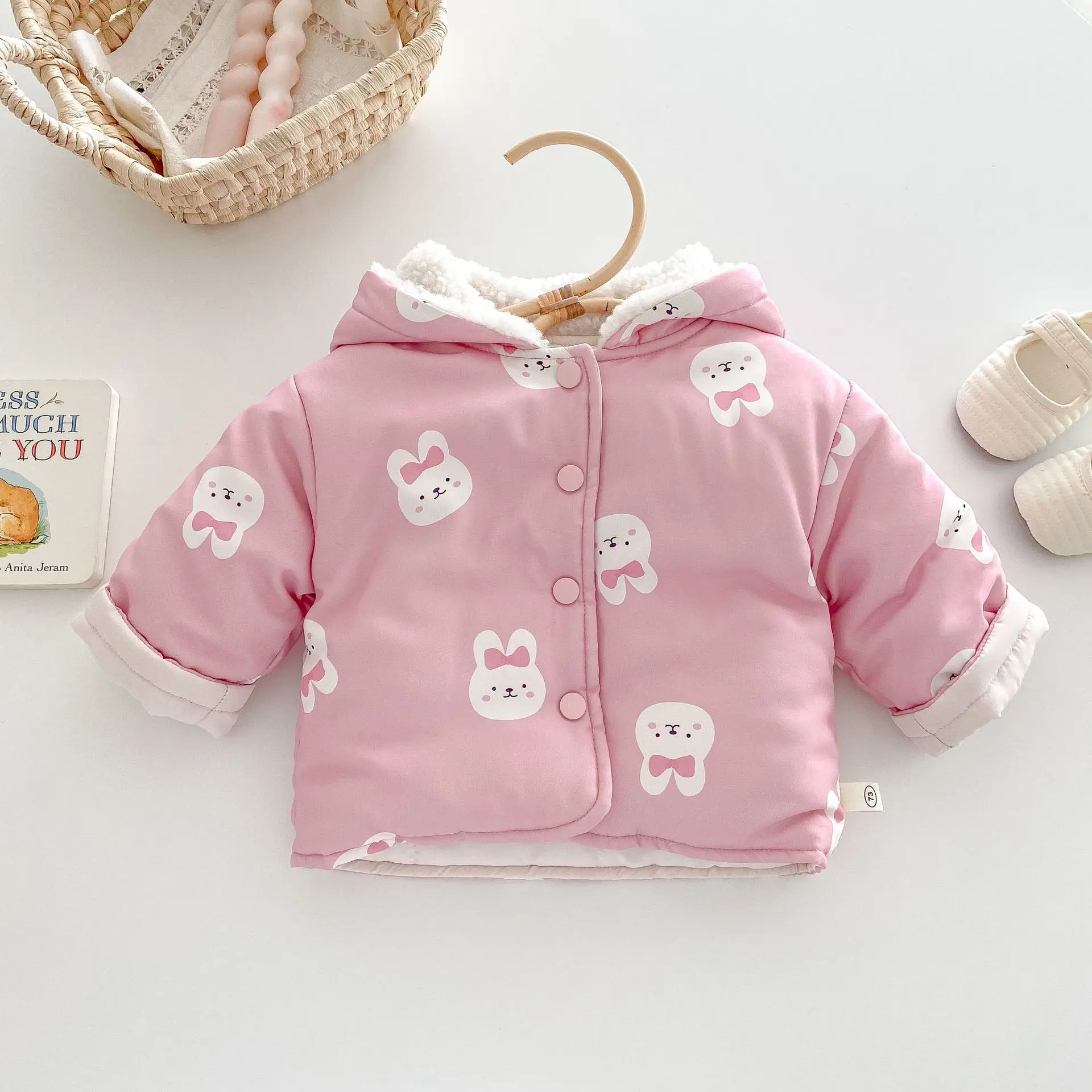 2024 Winter New in Kids Baby Girls Thicken Plush Warm Outwear ,toddler Children Cute Cartoon Bunny Hooded Top Jacket 0-5Y