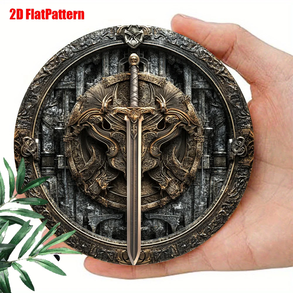Warrior Sword 8x8 Inch Round Aluminum Wall Decor, Durable 2D Flat Sign for Home Office Café