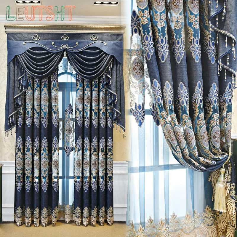 

Customized Finished Dark Blue Atmospheric European Living Room Curtain Modern Simple Double Hollow Embroidered Bedroom Curtains