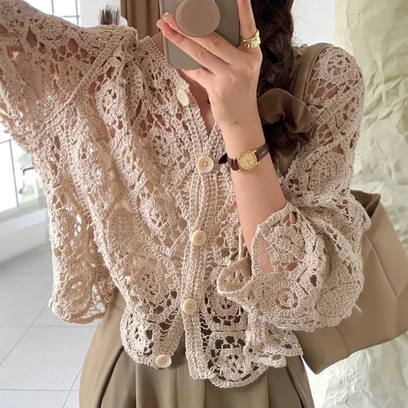 Long Sleeve Crochet Knit Top Beach Bikini Cover Up Button-up Cardigan Blouse Women blusas para mujer Vacation Boho Outfit