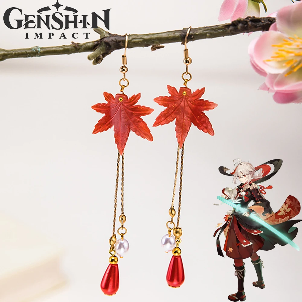 Game Genshin Impact Kaedehara Kazuha Earring Cosplay Earclip Alloy Ear Studs Maple Leaves Pendant Earwear Jewelry Accessories