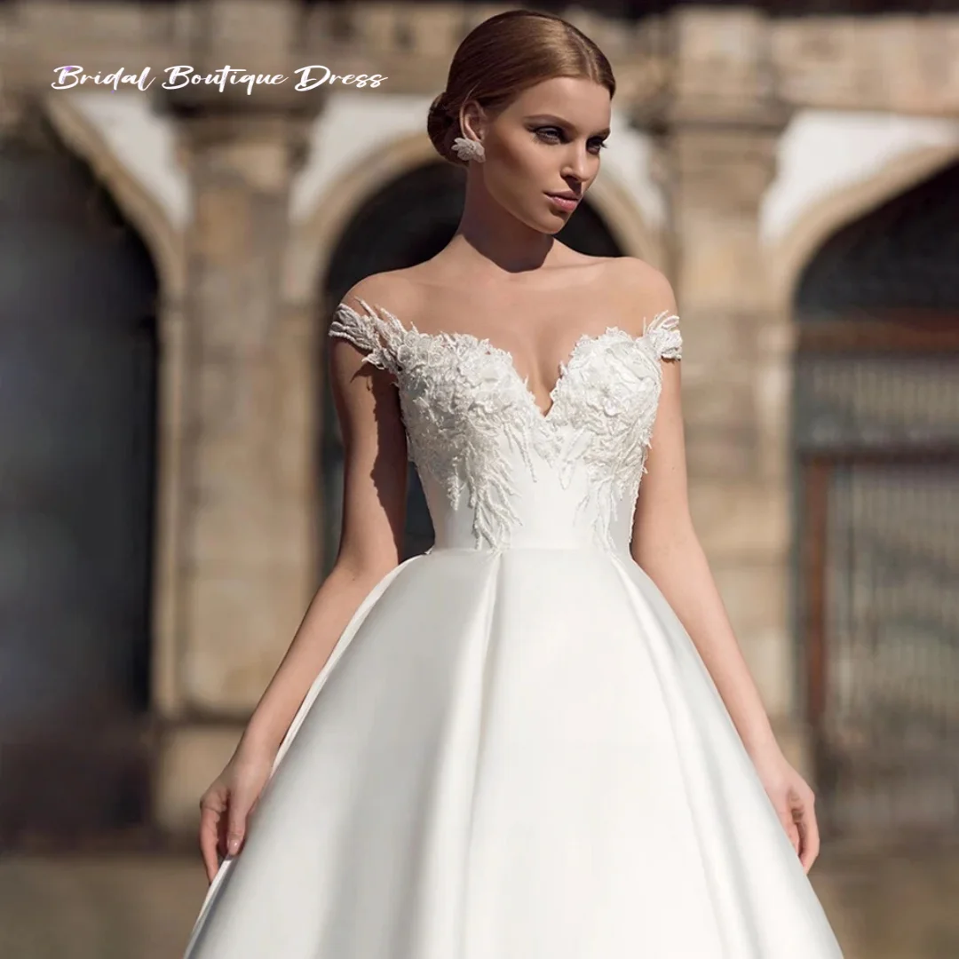 

Изысканное атласное свадебное платье по индивидуальному заказу, милое свадебное платье с вышивкой бисером и шнуровкой, со шлейфом, Vestido De Noiva