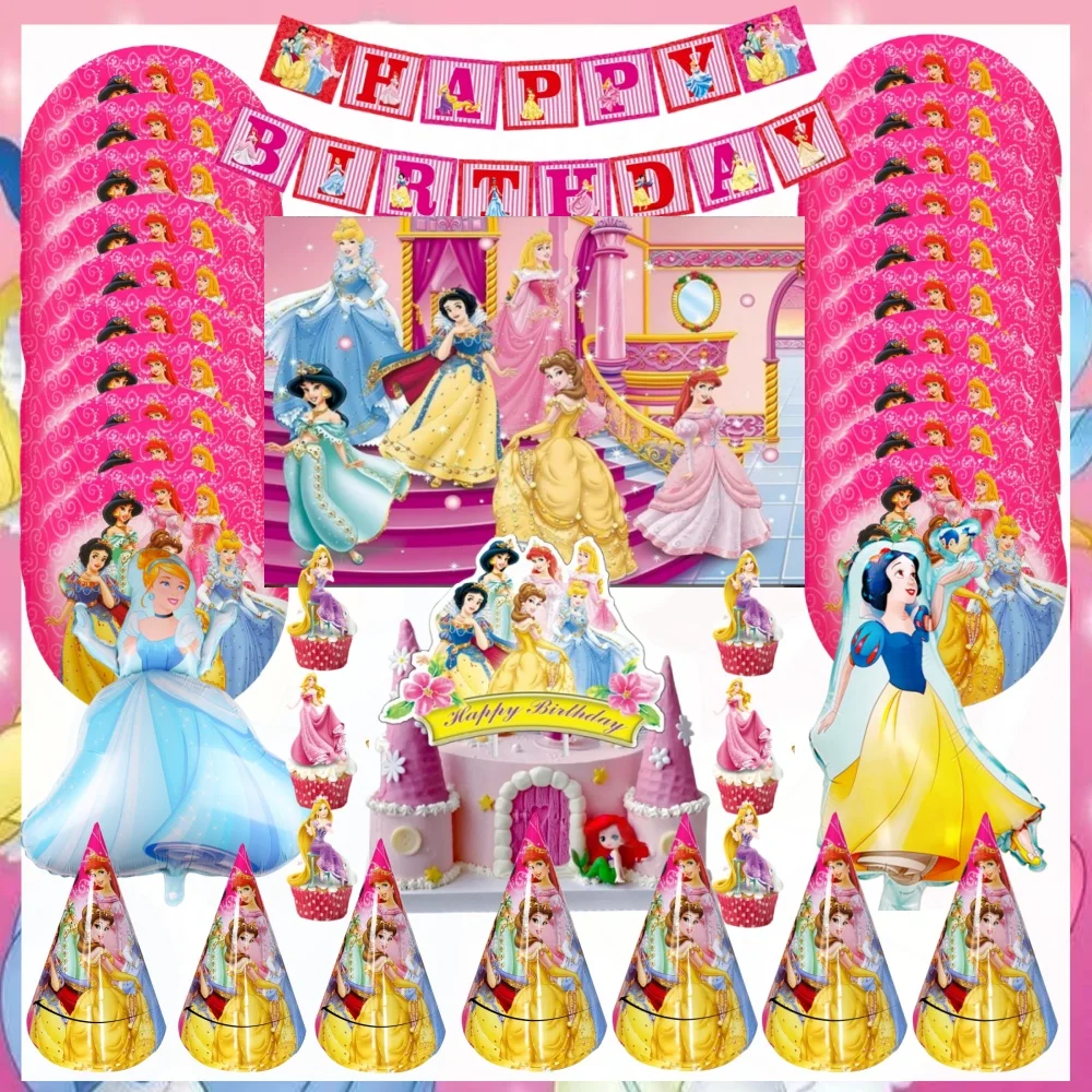 Accesorios de decoración para fiesta de cumpleaños de princesa, Kit de vajilla, caja de dulces, mantel, telón de fondo, globo de princesa, piezas de decoración para fiesta