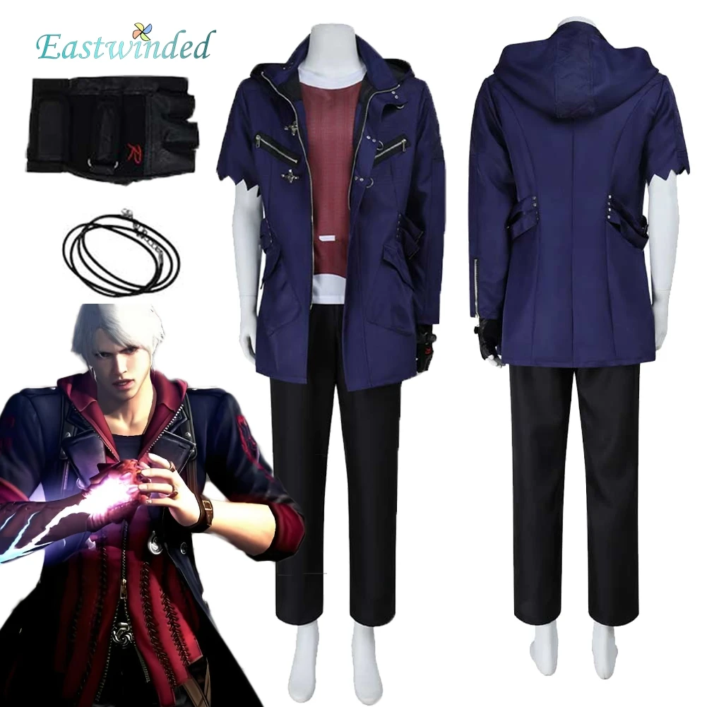 

Game DMC 5 Nero Cosplay Blue Jacket Coat Costume Set Red T-shirt Clothes Outfits Halloween Roleplay Clothing Carnival Adult Men