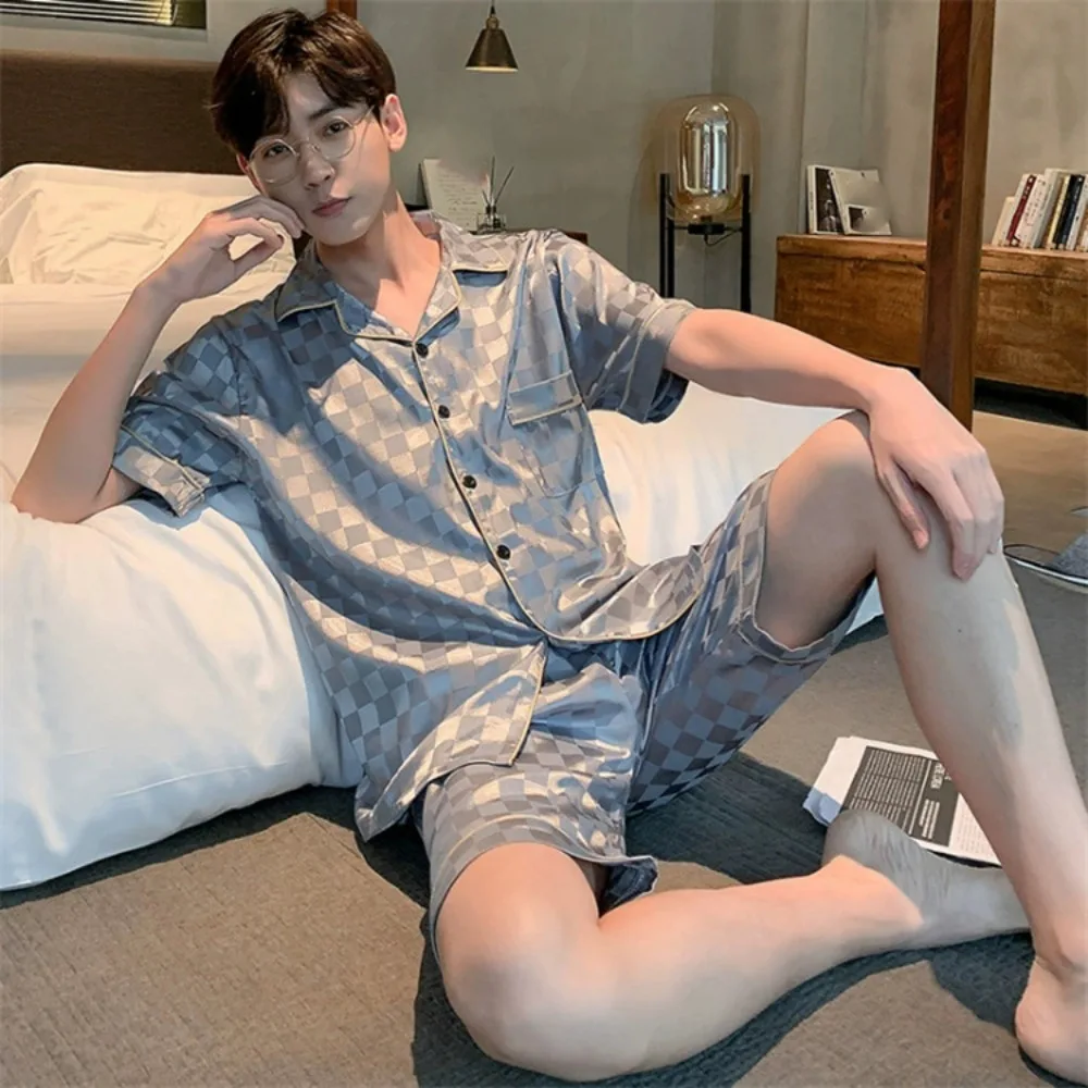 

Fashion Stripe Men’s Pajama Suit Satin Silk Grid Short Sleeve Nightwear Loose Homewear Two Pieces Sleepwear Summer