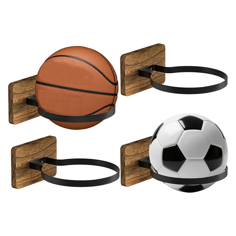 B48B-Rak Penyimpanan Bola dari Kayu untuk Dinding, 4 Buah, untuk Menampilkan Bola Basket, Sepak Bola, Rugby