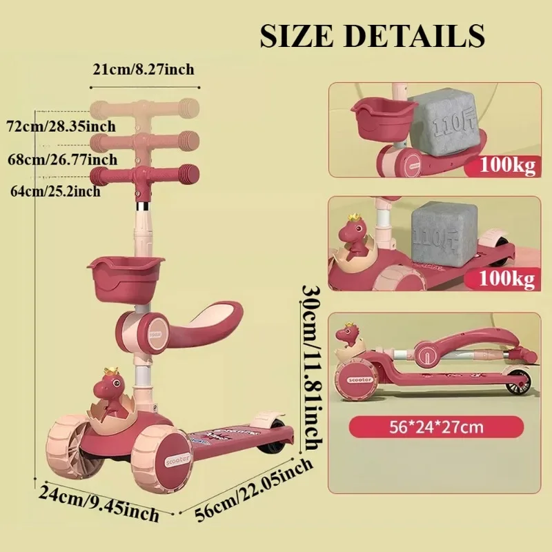 Patinete 3 en 1 para niños con manillares de altura ajustable y asiento extraíble, luces LED, música para niños y niñas, juguetes para montar al aire libre