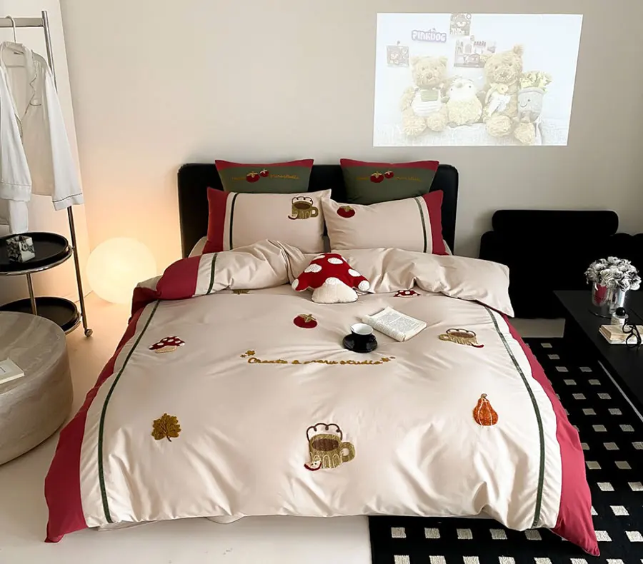 Cute cartoon pastoral red green bedding set,full queen king embroidery cotton home textile bed sheet pillow case duvet cover