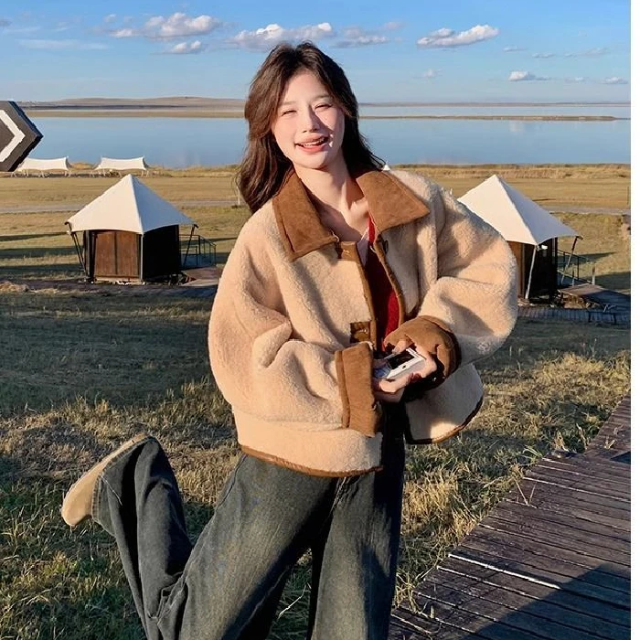 

Lamb Wool Jacket Cotton Added Woman Leatherette Loose Commuting Ladylike Preppy Waterproof Skin-Friendly Fancy Embroidery Chic