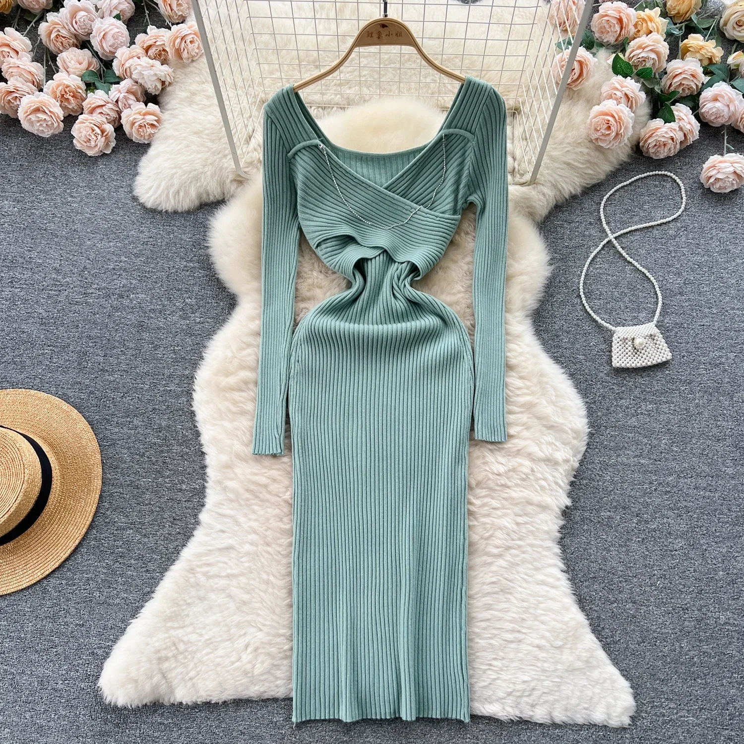 Chain Halter Knitted Dress Deep V Neck Long Sleeves Corss Solid Women Skinny Fashion Autumn Sexy Elegant Sweater Dress